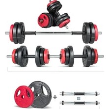 Spor Yıldız Serisi 17  Multifonksiyonel Kırmızı Siyah Halter Seti ve Dambıl Seti