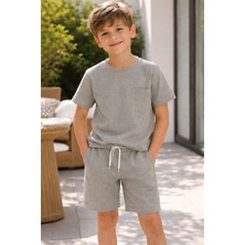 Alkın Kids 4-14 Yaş Erkek Çocuk Gri Pamuklu Kısa Kollu Şortlu Yazlık Takım