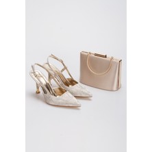 Floransa Mft Ayakkabı Kadın Taş Işlemeli Abiye Ayakkabı ve Çanta Takımı Altın