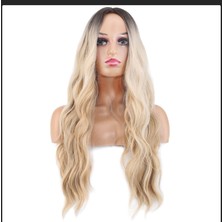 Handmade Uzun Su Dalgalı Fiber Sentetik Peruk Kumral/balköpüğü Ombre ve Platin Ombreli