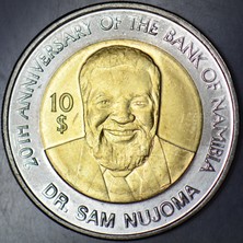 Banknoting Namibya 10 Dolar 2010 Hatıra-Bank Of Namıbıa 20. Yılı. Bimetal Çil.