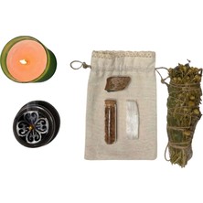 Anima Glow Toprak Elementi Meditasyon/Ritüel Seti – Selenit, Kaplan Gözü, Bitkisel Tütsü & Mum