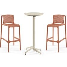 Tilia 2 Kişilik Polipropilen Bar Masa Takımı Terrakota Bej (Moon Katlanır Bar Masası Ø60 cm + Nes Bar Sandalyesi 75 Cm)