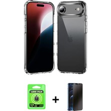 Cepte Toptan iPhone 17 Air Zirve Doku - Siyah 3D Antistatik Hayalet Cam Ekran Koruyucu + Gold Raze Metal Kamera Lens