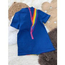 Adc Kız Çocuk Gökkuşağı Desenli Fermuar Detaylı Mavi Elbise