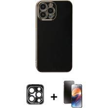 Cepte Toptan iPhone 15 Pro Max Yankı Serisi - Siyah 3D Antistatik Mat Seramik Nano Ekran Koruyucu + Lacivert Pvd Metal Kamera Lens