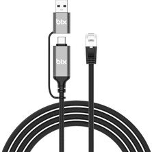 Bix C6AC15 2in1 Usb-A & Type-C To RJ45 1000MBPS Gigabit Ethernet Dönüştürücü Cat6 Kablo 1.5 Metre Thunderbolt 3/4/5, Mac/windows/ipad/android Uyumlu