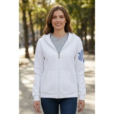 Evavi Kadın Yaşam Desen Baskılı Kapüşonlu Fermuarlı Beyaz Sweatshirt Ceket