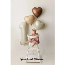 İrem Parti Dükkanı 1 Yaş Parti Retro Pastel Doğum Günü Seti 1 Adet Bej Krem Rakam Folyo, 3 Adet Kalp Folyo Balon