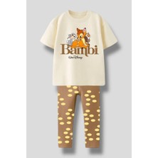 Magu Unisex Çocuk Pamuklu Ekru Geyik Baskılı Tişört Tayt Takım