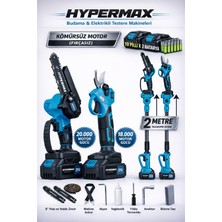 Hypermax Profesyonel 3’lü Set Çift Akülü 10 Pilli Kömürsüz Teleskopik Kollu Bağ Makası ve Budama Testeresi Mavi