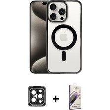 Cepte Toptan iPhone 15 Pro Max Siluet Çizgi Serisi - Siyah Bilvis 3D Mat Cam Ekran Koruyucu + Siyah Pvd Metal Kamera Lens