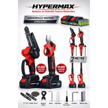 Hypermax Profesyonel 3’lü Set Çift Akülü 10 Pilli Kömürsüz Teleskopik Kollu Bağ Makası ve Budama Testeresi