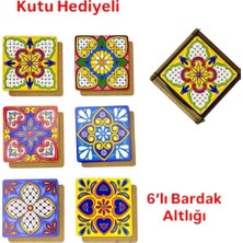 Atölye Smyrna 6'lı Bardak Altlığı Seti, Kutu Hediyeli, Dekoratif Sunumluk, Ahşap Bardak Altlığı, Çiçek Desen1