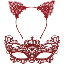 Paradise Sda Nessiworld Lüks Kırmızı Dantel Taçlı Maske Seti 2 No - Parti, Balo, Kostüm Aksesuarı 452
