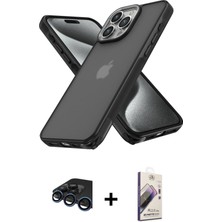 Cepte Toptan iPhone 15 Pro Max Atlas Form - Siyah Bilvis 3D Mat Cam Ekran Koruyucu + Lacivert Raze Metal Kamera Lens