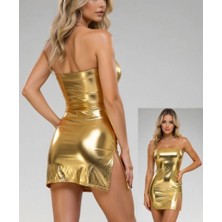 Hafif Giyim Fantezi Seksi Deri Görünümlü Yırtmaçlı Straplez Mini Elbise HF031006