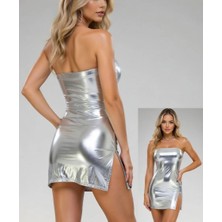 Hafif Giyim Fantezi Seksi Deri Görünümlü Yırtmaçlı Straplez Mini Elbise HF031006