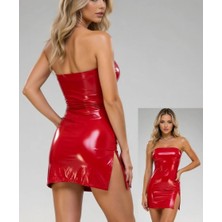 Hafif Giyim Fantezi Seksi Deri Görünümlü Yırtmaçlı Straplez Mini Elbise HF031006