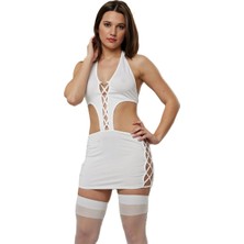 Hafif Giyim Beyaz Fantezi Seksi Bağcıklı Dekolteli Mini Elbise HF091268
