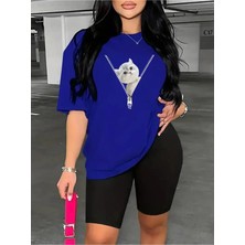 Woodroffe Kadın Fermuar Kedi Baskılı T-Shirt Tayt (Kısa) Takım Kombin Oversize Salaş