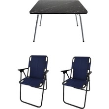 Bofigo 60X80 Granit Desenli Katlanır Masa ve 2 Adet Lacivert Katlanır Sandalye Seti Polyester Malzeme