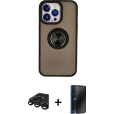 Cepte Toptan iPhone 15 Pro Max Yörünge Çizgi - Siyah 3D Antistatik Hayalet Cam Ekran Koruyucu + Titanyum Gri Raze Metal Kamera Lens