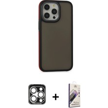 Cepte Toptan iPhone 15 Pro Max Eksen Işık - Siyah Bilvis 3D Mat Cam Ekran Koruyucu + Gümüş Pvd Metal Kamera Lens