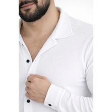 Tarz Yeri Erkek Waffle Kumaş Uzun Kollu Düğmeli Açık Yaka Regular Fit Gömlek - Beyaz