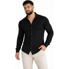 Tarz Yeri Erkek Waffle Kumaş Uzun Kollu Düğmeli Açık Yaka Regular Fit Gömlek - Siyah