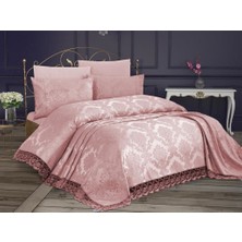 Çeyiz Diyarı Fransız Dantelli Modern Yatak Örtüsü 250 x 250 cm Pamuk Saten Pudra Renkli