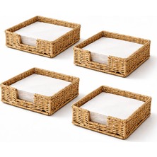 Tuppee Rattan Hasır Peçetelik 4’lü Set 17.5X17.5X6.5 cm – Standart Peçete Uyumlu Dekoratif Sunumluk