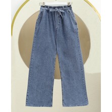 Moda Morfo Bol Paça Beli Lastikli Kuşaklı Kot Pantolon -Buz Mavi