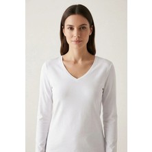 Defy's Kadın Beyaz %100 Pamuk V Yaka Uzun Kollu Basic Tişört Regular Fit