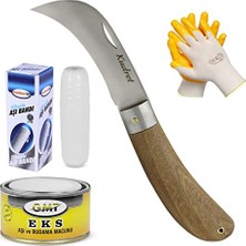 Aşı Bıçağı Eğri Uçlu Bağ Bıçağı Ara Çakı + Aşı Bandı + Aşı Macunu + Eldiven (4'lü Set)