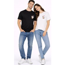 Nevermind Sevgili Kombini Minimal Ayıcık Kalp Baskılı Çift Tişört Oversize Unisex 2’li Set Siyah-Beyaz
