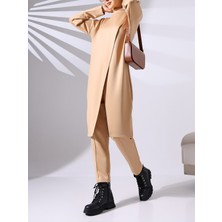 Modamorfo Dik Yaka Önü Çift Kat Tunik Pantolon Scuba Takım -Vizon