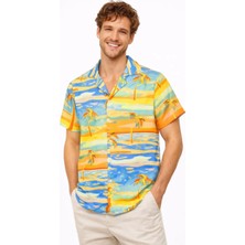 Hsc Bilişim Erkek Tropikal Palmiye Desenli Kısa Kol Gömlek Yazlık Beach Tarz Rahat Kalıp - Desenli