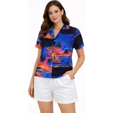 Deridün Yıldız Shoes Gün Batımı Tropikal Desenli Kısa Kol Gömlek Şort Takım Yazlık Rahat Kalıp - Desenli