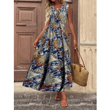 Sidelya Concept Kadın Askılı Kruvaze Yakalı Uzun Desenli Kemersiz Süprem Elbise