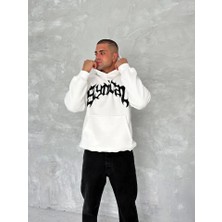 Bi Baksana Unisex Üç Iplik Kapşonlu Baskılı Sweatshirt - Beyaz