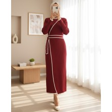 Modamorfo Yandan Bağlamalı Etekli Alerli Triko Elbise -Bordo