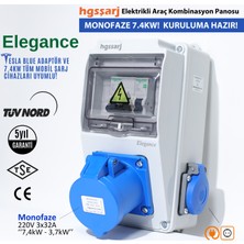 Hgsşarj "Elegance" 7,4kW Monofaze 3X32A + 1X16A Elektrikli Araç Kombinasyon Kutusu Tesla Mavi Adaptöre Uyumlu Schneider Marka Sigorta Grubu