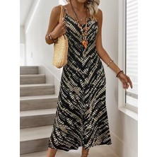 Bi Baksana Kadın Ip Askılı V Yakalı Desenli Uzun Süprem Elbise