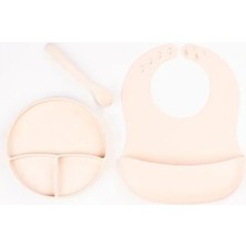 MiraLive Krem Rengi 3’lü Silikon Yemek Seti – Önlük + Diş Kaşıyıcılı Kaşık + Vakumlu Tabak