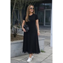 Barış Beauty Kadın Kısa Kollu Bisiklet Yaka Yandan Yırtmaçlı Dantel Detaylı Uzun Viskon Elbise