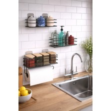 Atacı Home Yapışkanlı Mutfak Rafı Baharatlık 3lü Metal Kağıt Havluluk Siyah Stantlı Şık Mutfak Raf Seti