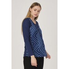 Busa Kadın Hamile Desenli Düğme Aksesuarlı Bluz Mavi %65 Polyester %35 Viskon Kaliteli Kumaş