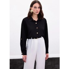 Sateen Y26 1961-2176 Kolu Katlamalı Çıt Çıtlı Gömlek Siyah Kadın