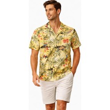 Hsc Bilişim Erkek Tropikal Palmiye Desenli Kısa Kol Gömlek Hawaii Tarz Yazlık Rahat Kalıp - Desenli